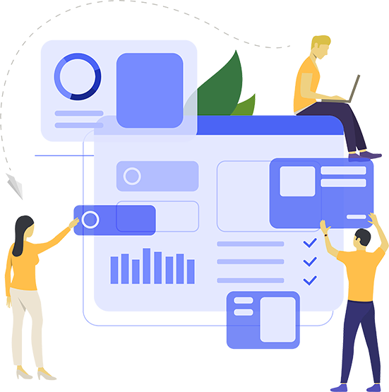 Illustration of people building a digital dashboard with charts, cards, and interface elements for web solutions.