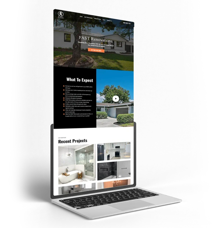 Laptop mockup showing the FAST Renovations homepage with remodeling services, project images, and contact details.