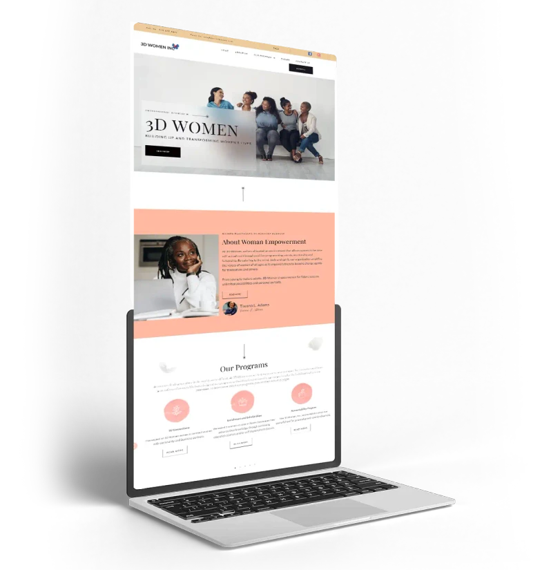 Laptop mockup showing the 3D Women website homepage with empowerment messaging, programs, and community content.