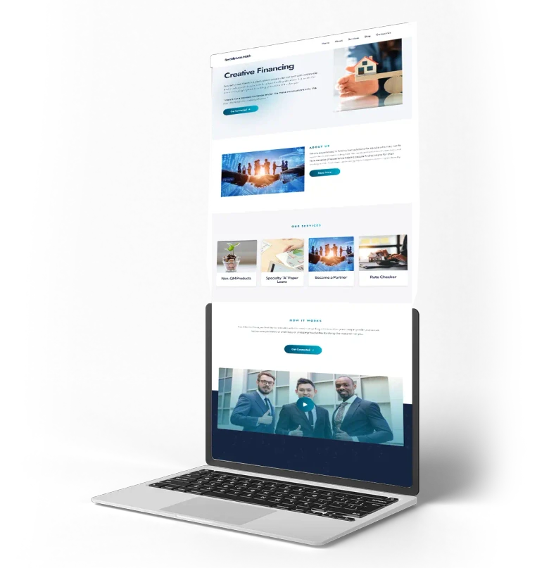 Laptop mockup showing a specialty loan website homepage with financing services, business sections, and video content.