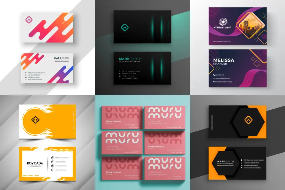Portfolio collage showing modern business card designs with colorful layouts, brand marks, and contact details.