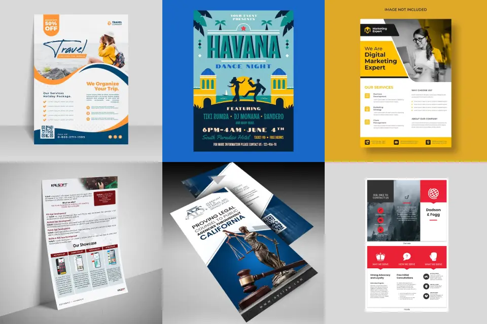 Portfolio collage showing travel, dance, marketing, legal, and corporate flyer and brochure design examples.