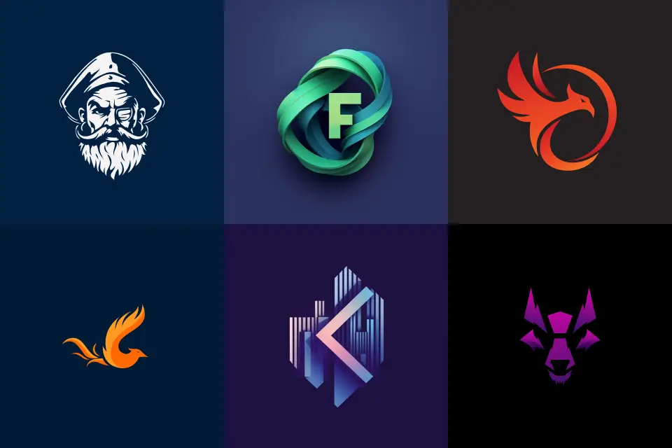 Collection of six logo concepts including pirate, bird, fox, and abstract marks for creative branding projects.