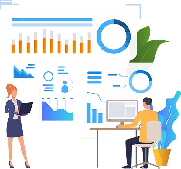 Illustration of a team reviewing charts, graphs, and analytics dashboards for digital strategy and business growth.