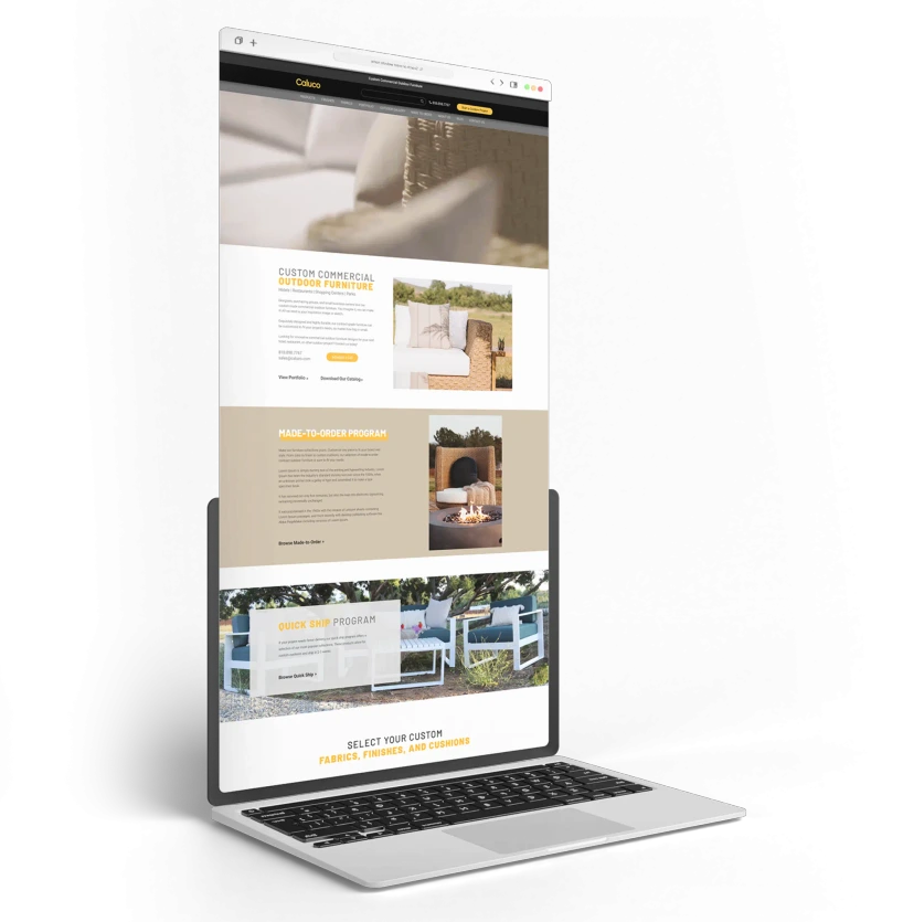 Laptop mockup showing the Caluco outdoor furniture homepage with commercial furniture and custom program sections.