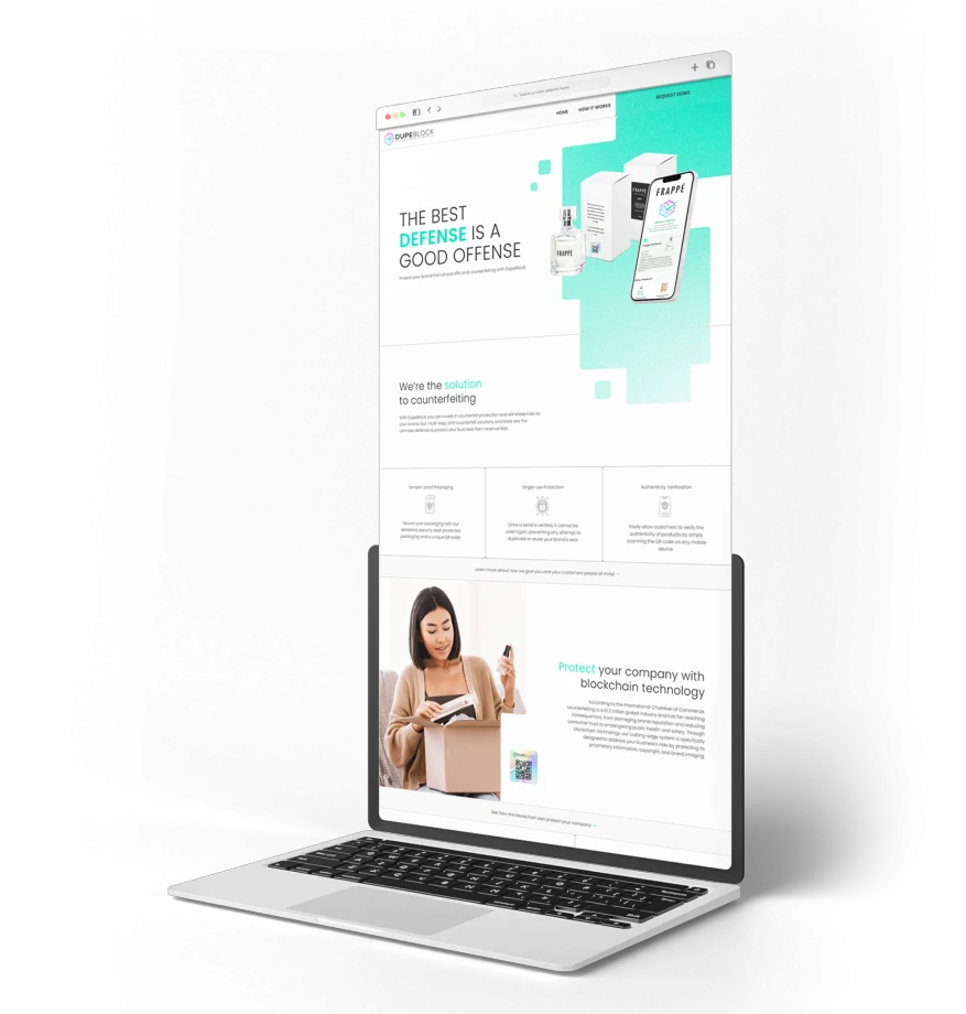 Laptop mockup showing the DupeBlock homepage with anti-counterfeiting messaging and blockchain protection content.