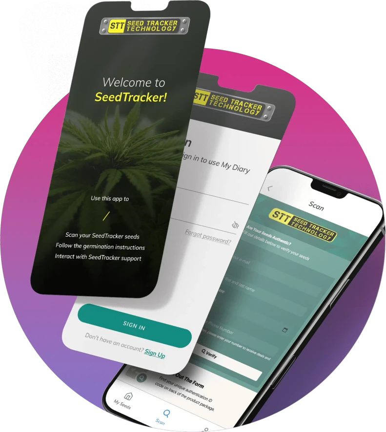 Mobile app screens for SeedTracker Technology showing welcome, login, scanning, and user verification features.