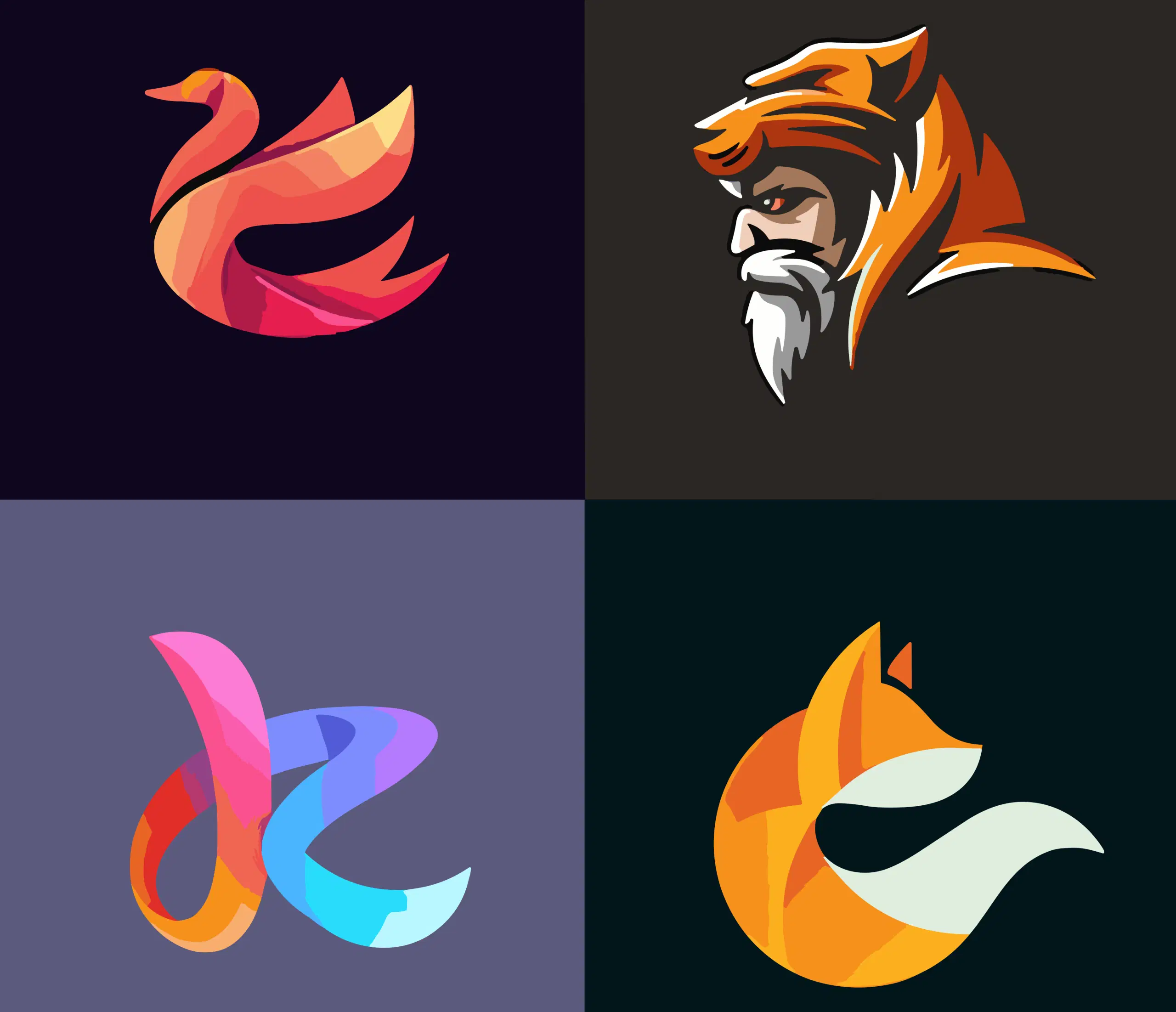 Four colorful animal-inspired logo concepts showing creative brand identity, mascot design, and visual branding.