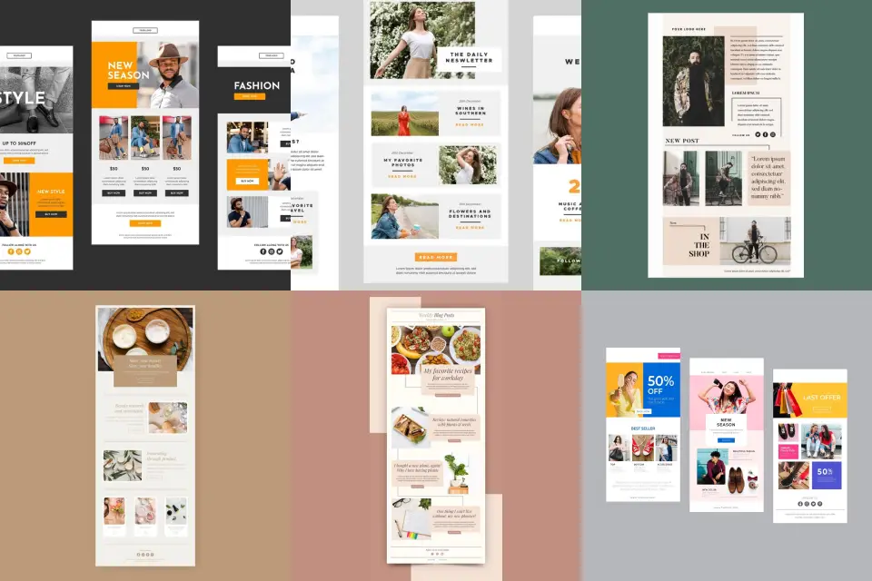 Portfolio collage of fashion, food, coffee, and retail email newsletter designs for digital marketing campaigns.